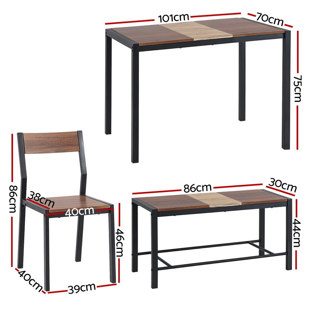 1 Artiss Dining Table and 2 Chairs Bench Set Rustic Brown - Image 2