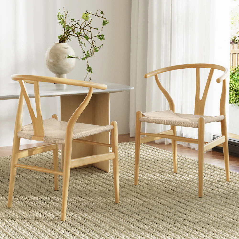 1 Set of 2 Artiss Dining Chairs Wooden Rattan Seat Wishbone Back - Image 2