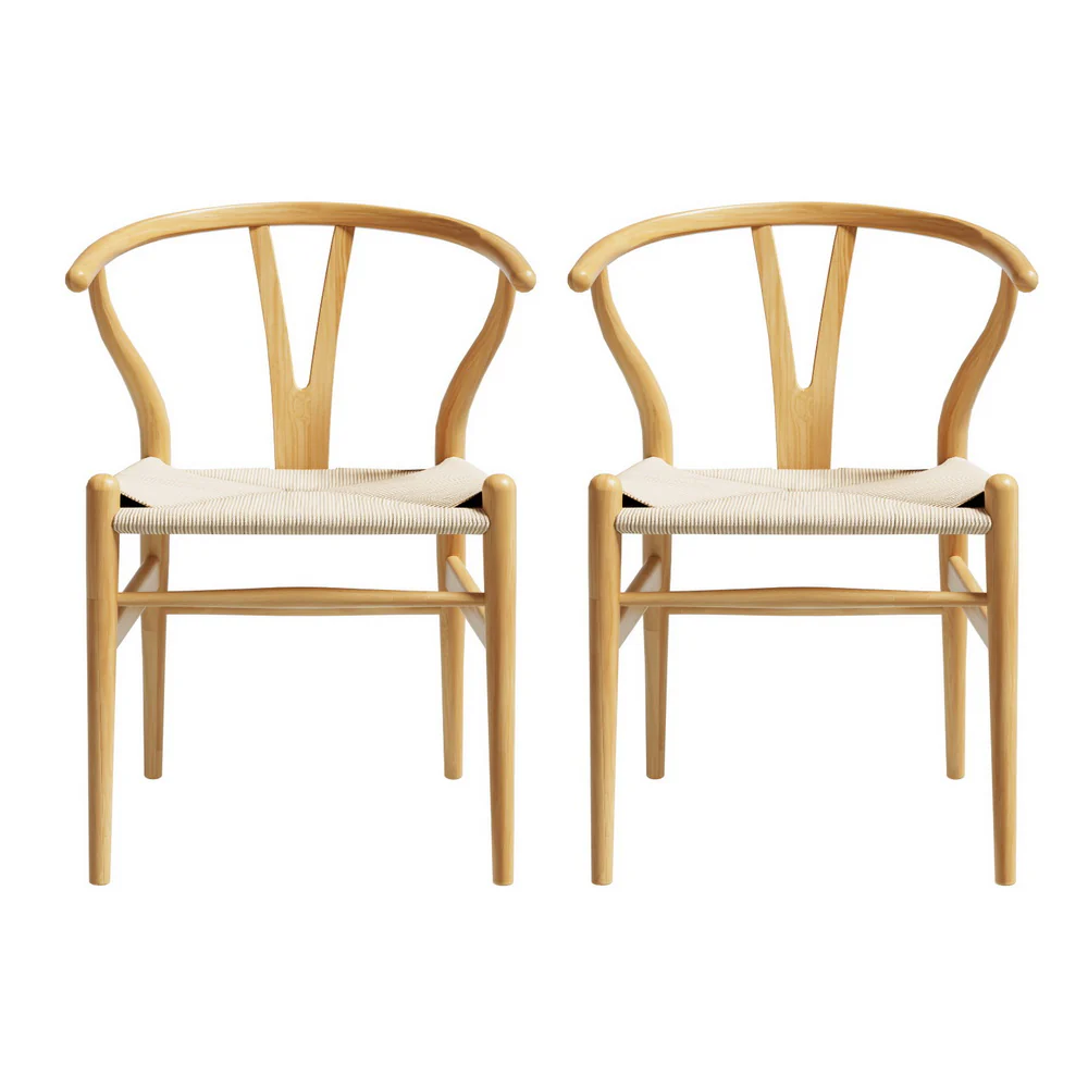 1 Set of 2 Artiss Dining Chairs Wooden Rattan Seat Wishbone Back - Image 4