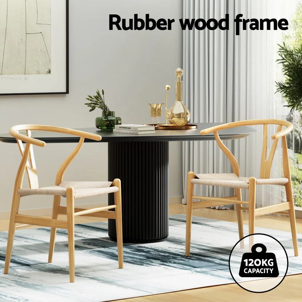 1 Set of 2 Artiss Dining Chairs Wooden Rattan Seat Wishbone Back - Image 5