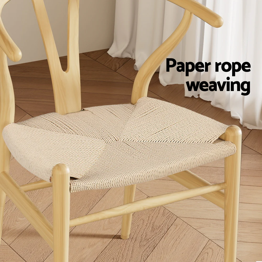 1 Set of 2 Artiss Dining Chairs Wooden Rattan Seat Wishbone Back - Image 7