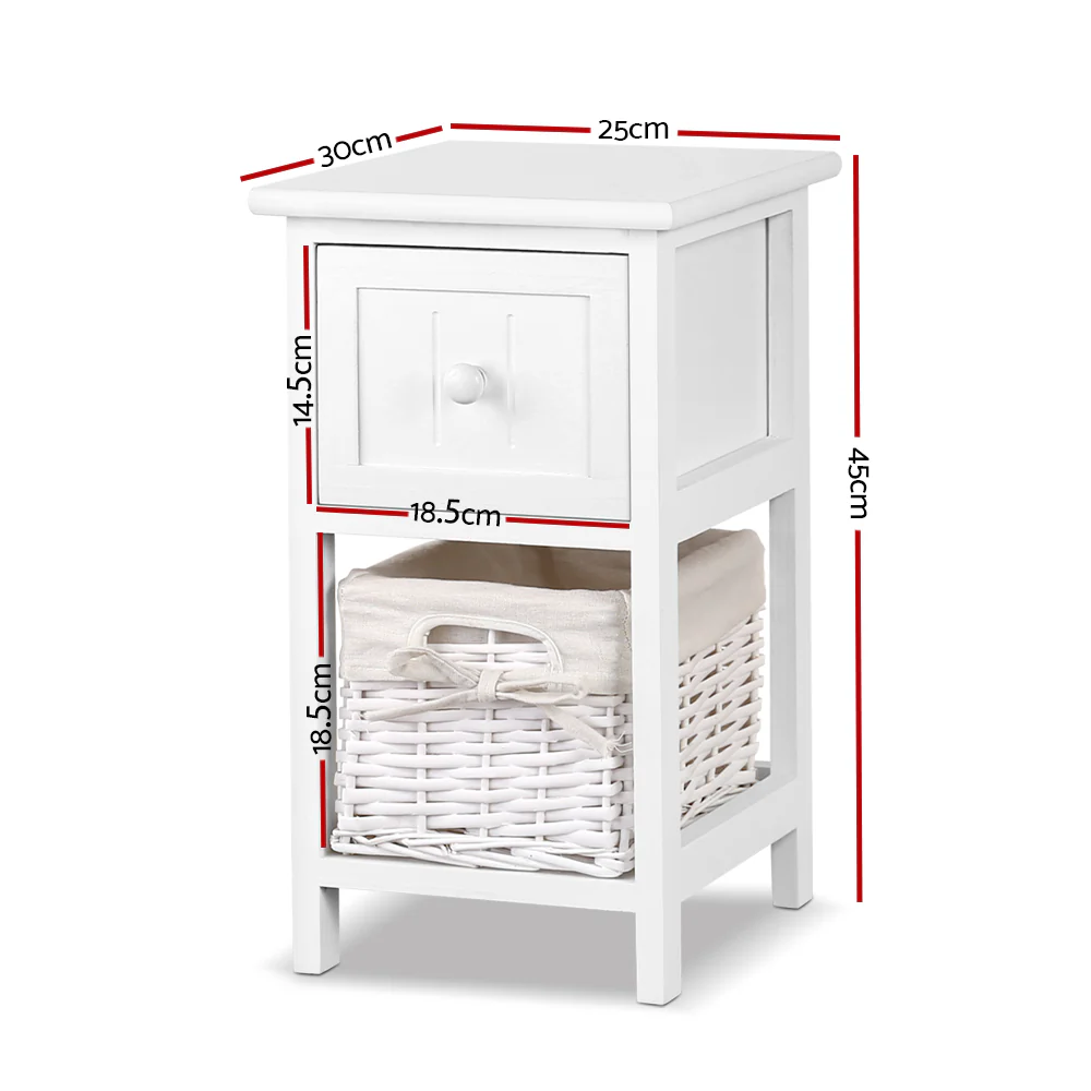 Artiss Bedside Table 1 Drawer with Basket Rustic White X2 - Image 7
