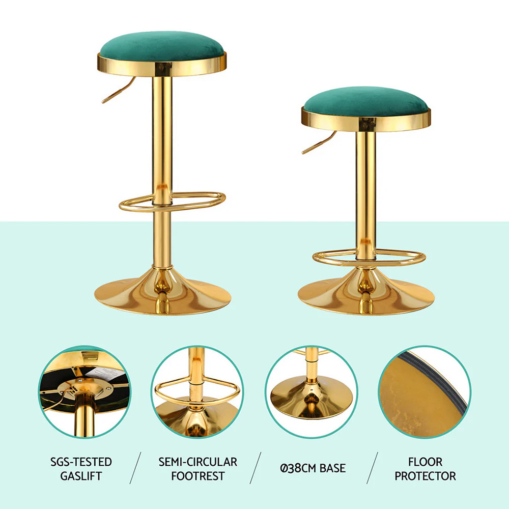 2x Artiss Bar Stools Kitchen Dining Chairs Velvet Padded Stool Green - Image 6