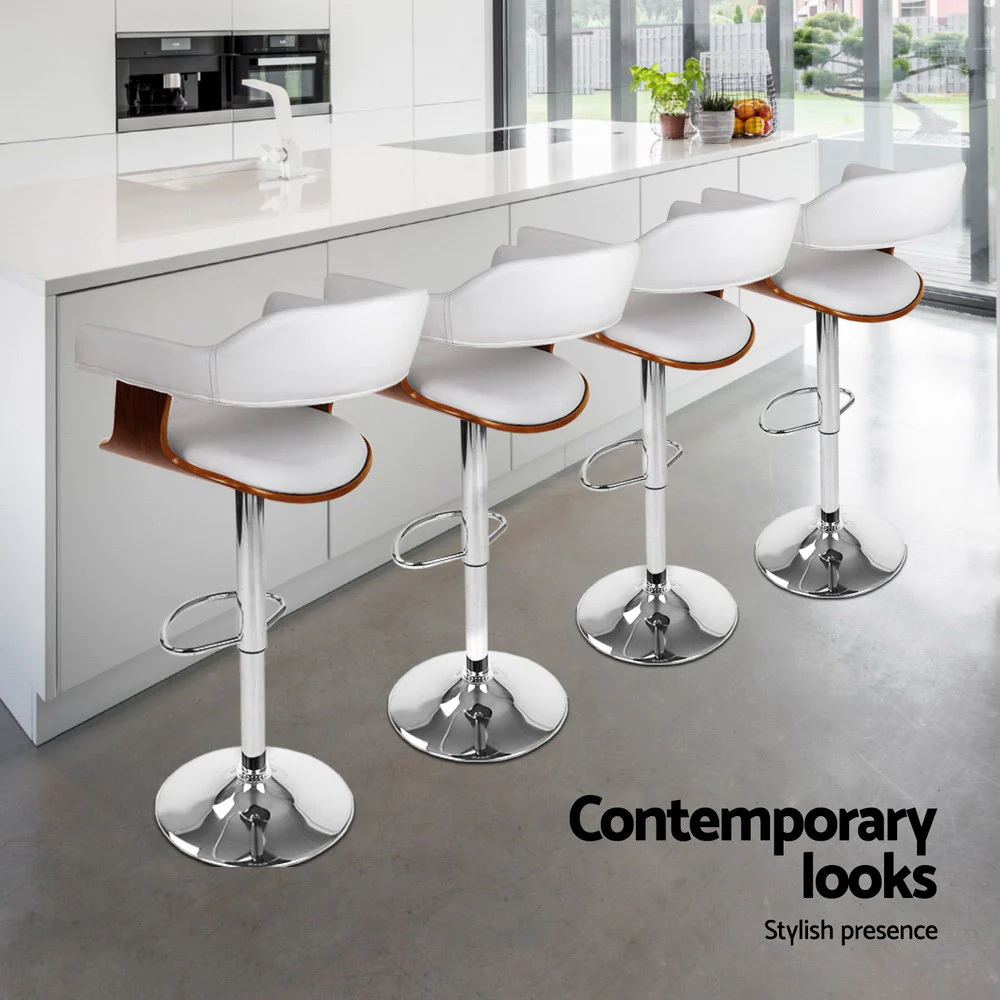 4x Artiss Bar Stools Gas Lift Leather with Armrest White - Image 6