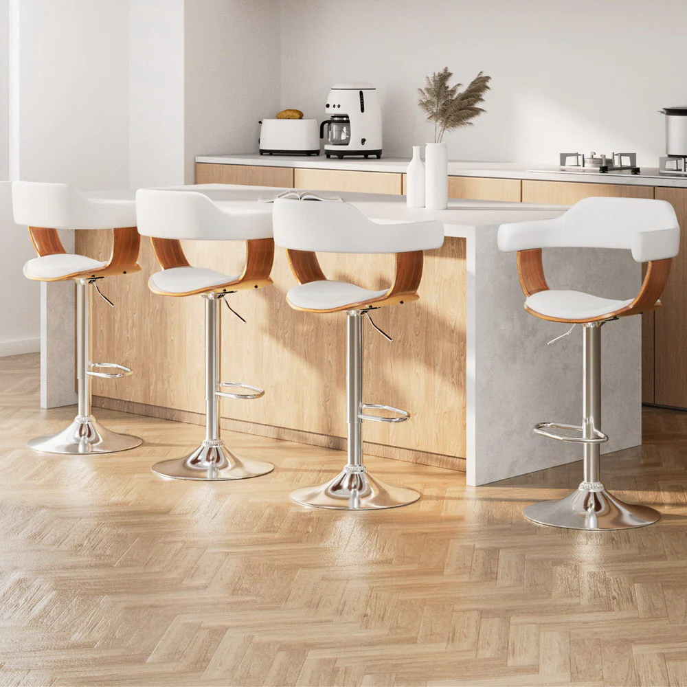 4x Artiss Bar Stools Gas Lift Leather with Armrest White - Image 7
