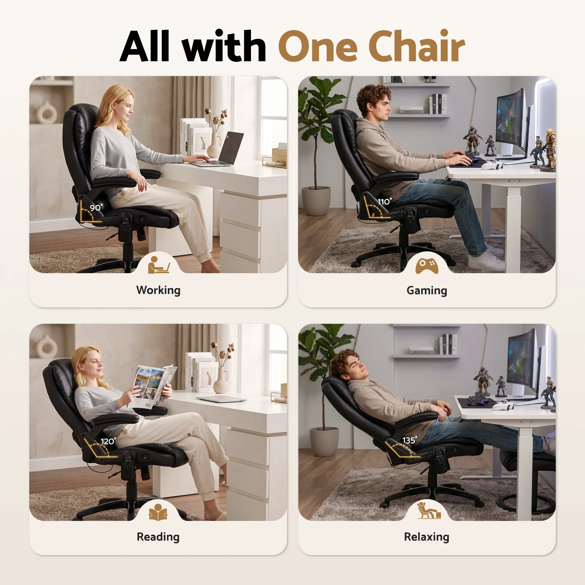 Artiss 8 Point Massage Office Chair Heated Seat Recliner PU Black - Image 7