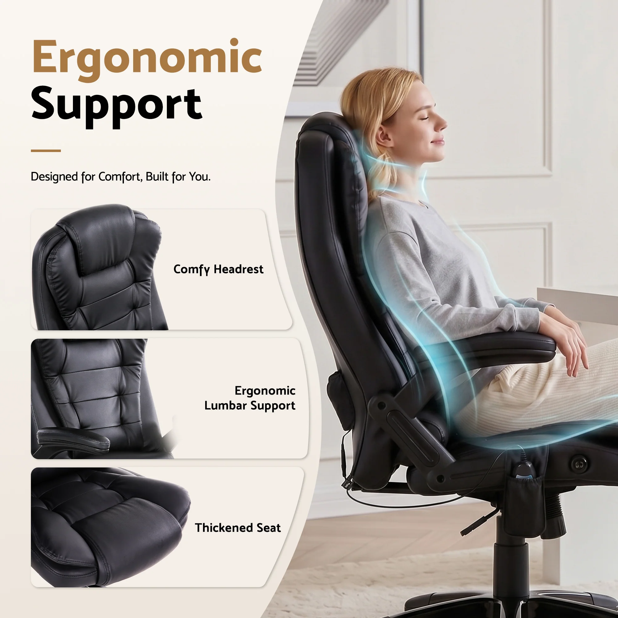 Artiss 8 Point Massage Office Chair Heated Seat Recliner PU Black - Image 8