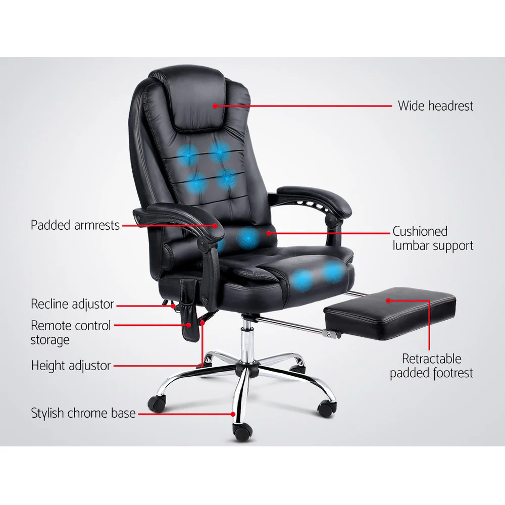 Artiss 8 Point Massage Office Chair PU Leather Footrest Black - Image 3