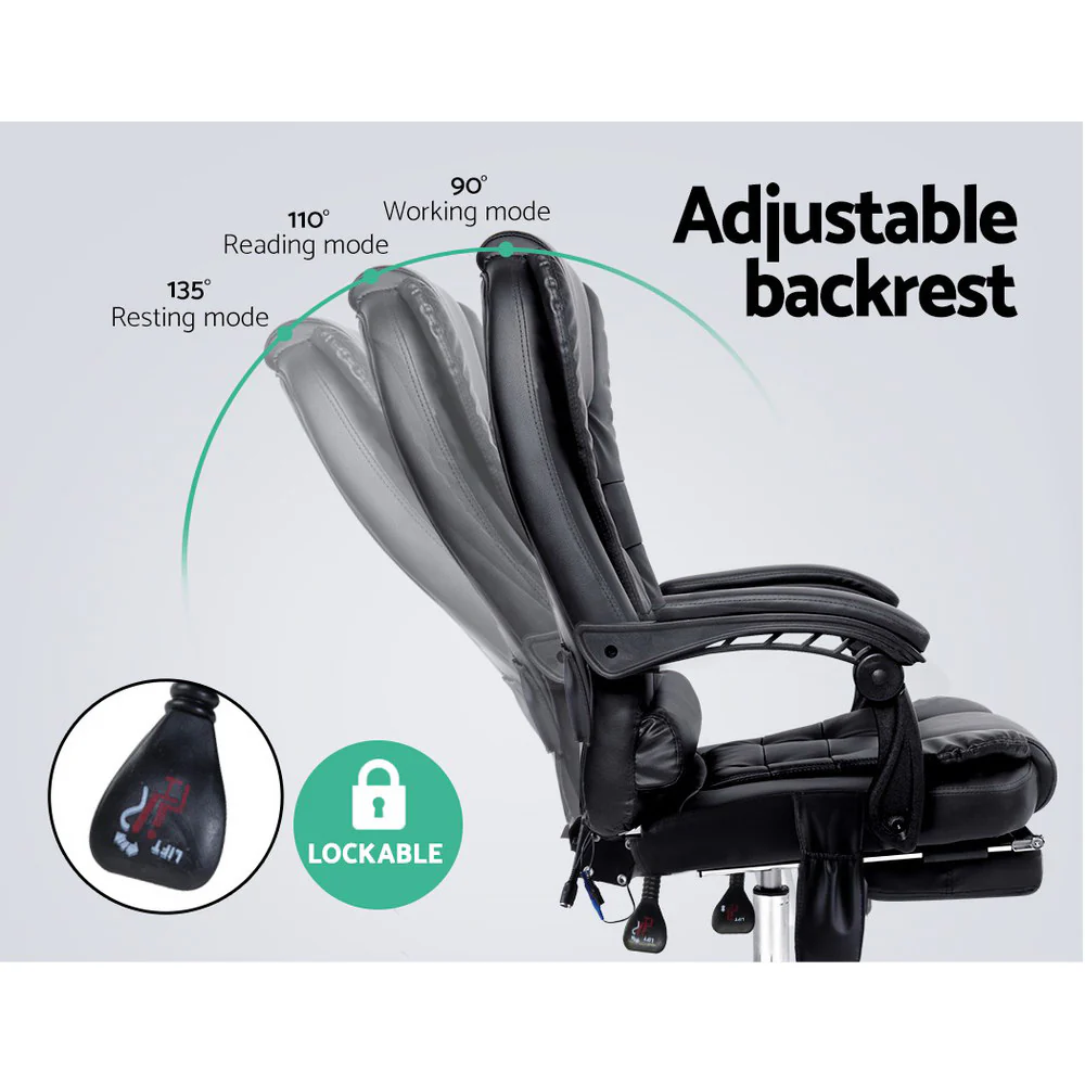 Artiss 8 Point Massage Office Chair PU Leather Footrest Black - Image 4