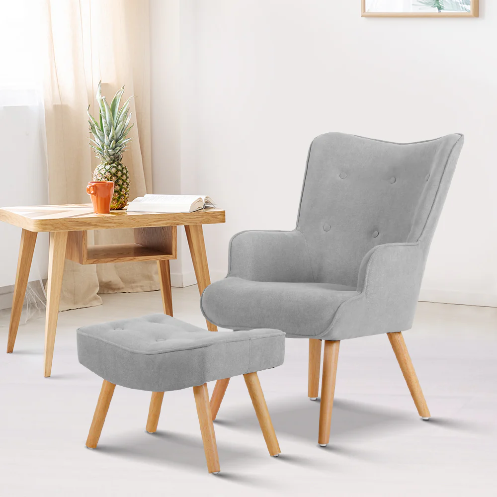 Artiss Armchair and Ottoman - Light Grey - Image 7
