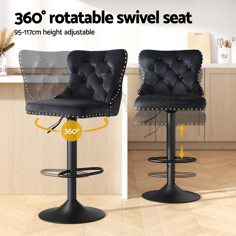 Artiss 1x Velvet Bar Stool Adjustable Height Nailhead Trim Kitchen Counter Stool - Image 4