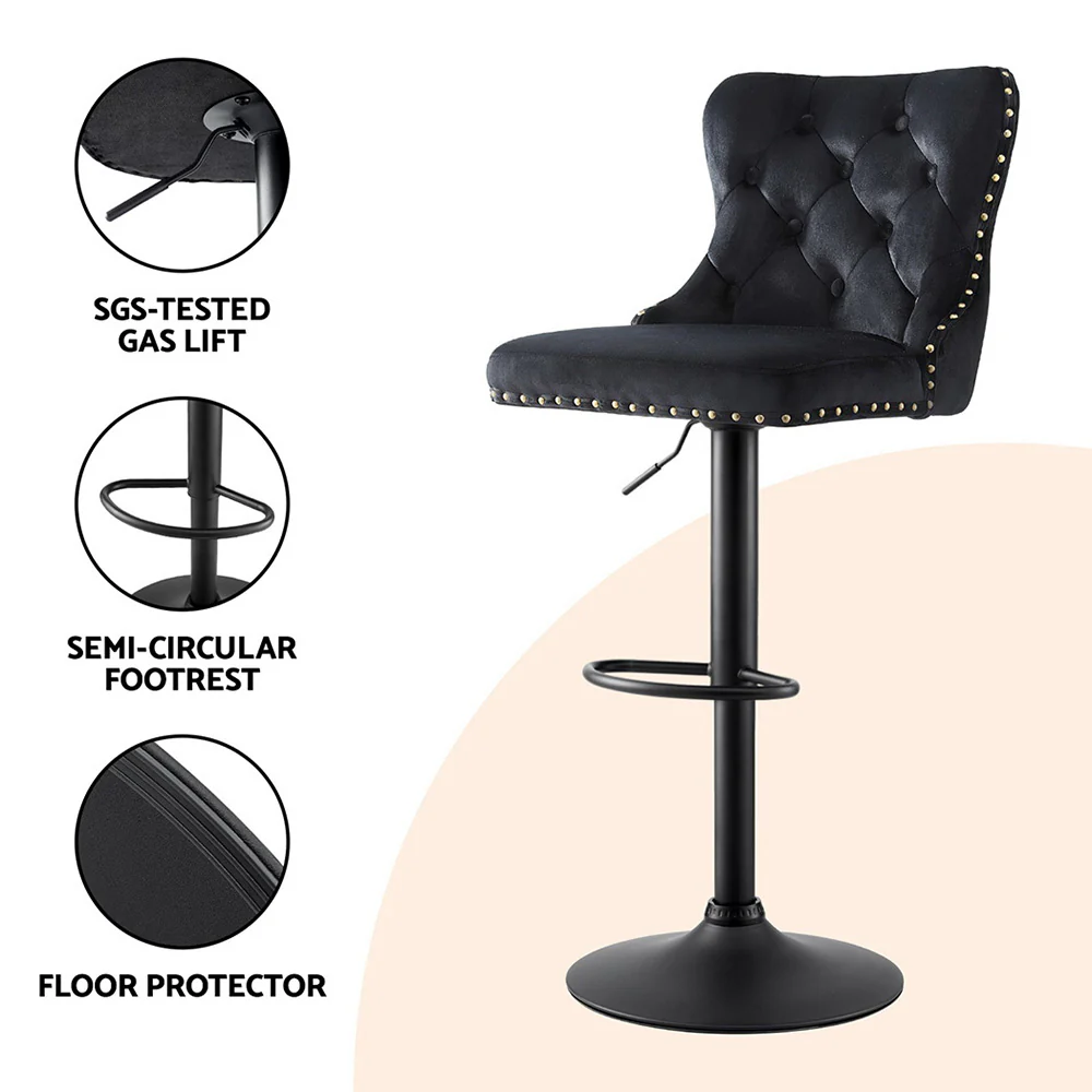 Artiss 1x Velvet Bar Stool Adjustable Height Nailhead Trim Kitchen Counter Stool - Image 6