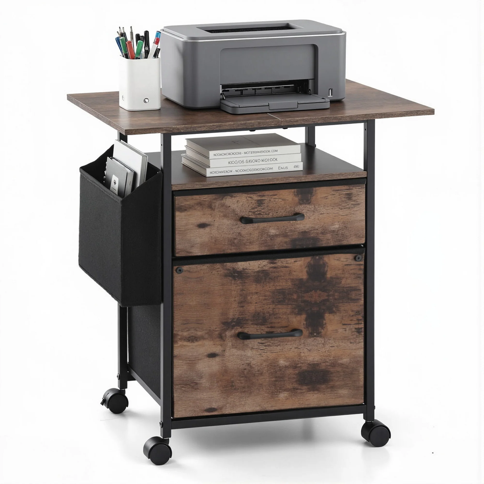 Artiss 2 Fabric Drawer File Cabinet Printer Stand Rolling File Cabinet with Side Bag - Image 2