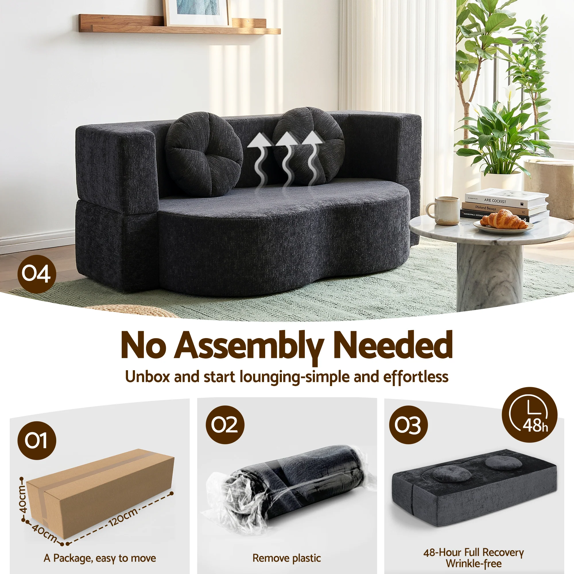 Artiss 2 in 1 Convertible Compressed Sofa Bed, Folding Boneless Sofabed  for Living Room ,Comfort Curved  Sleeper Couch with High Density Sponge,  Apartment Essentials, No Assembly,  2 Pillows, Grey - Image 5