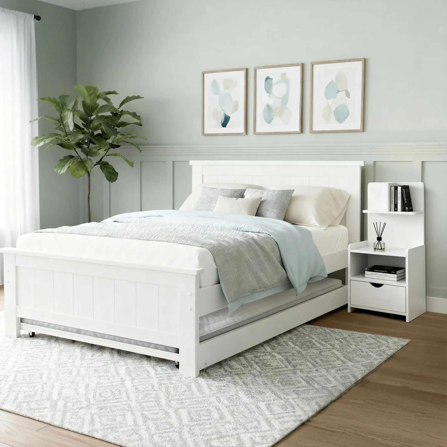 Artiss 2 Pcs Bedroom Set, King Single Bed Frame and Bedside Table, Trundle Platform Wooden Timber Frames and Storage Side Table, Baby Toddler Kids Loft Floor Daybed White Home Furniture Set - Image 7