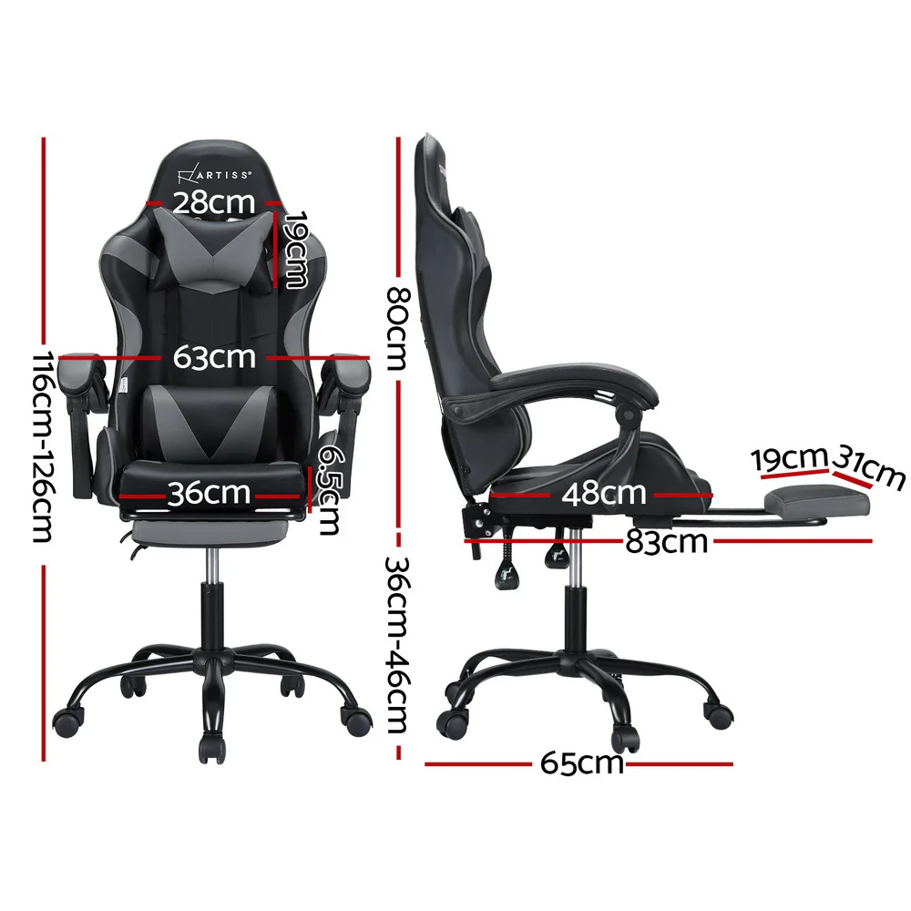 Artiss 2 Point Massage Gaming Office Chair Footrest Grey - Image 2