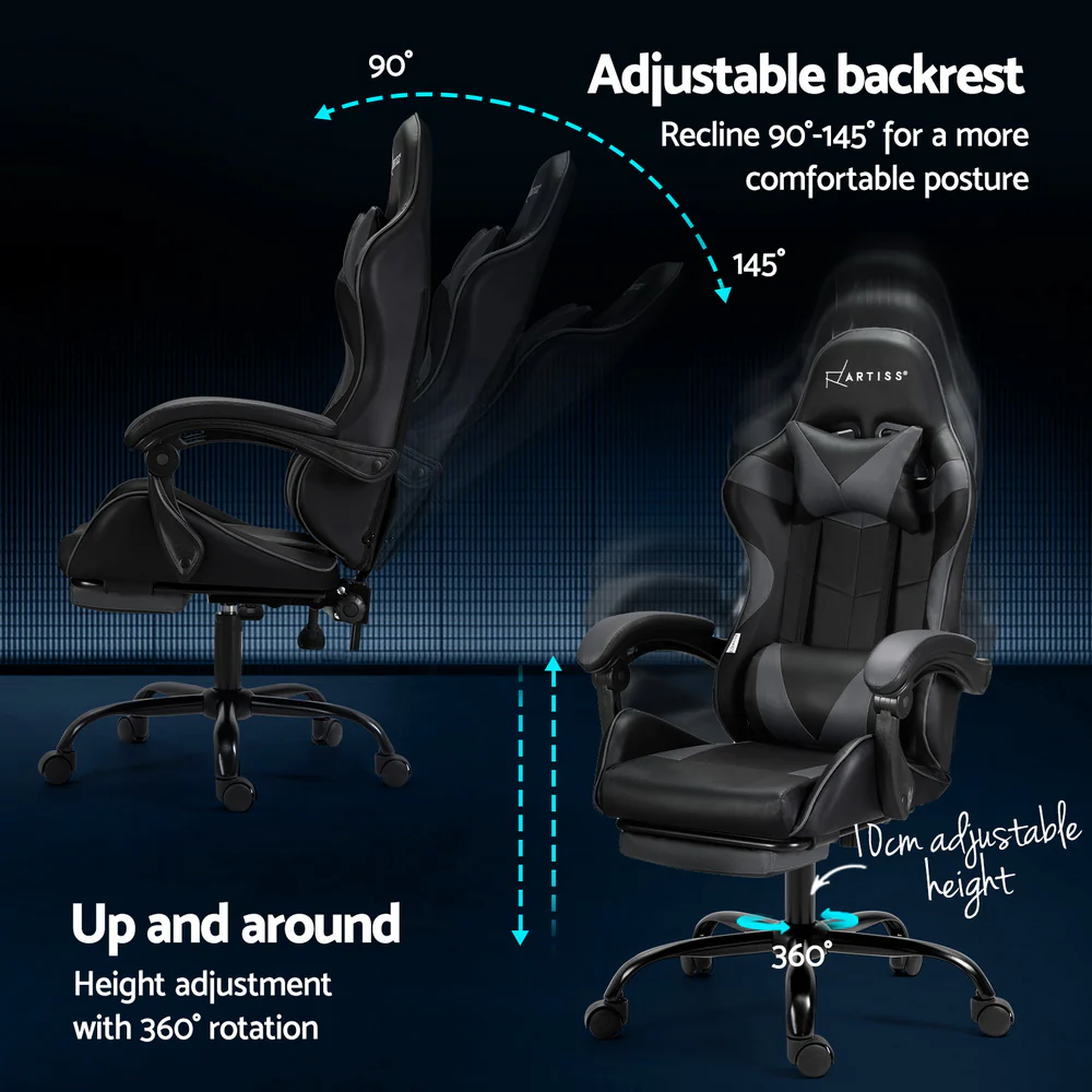 Artiss 2 Point Massage Gaming Office Chair Footrest Grey - Image 5