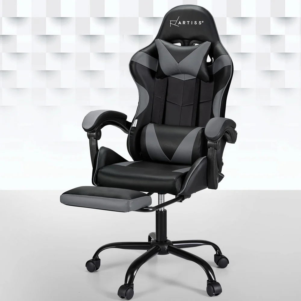 Artiss 2 Point Massage Gaming Office Chair Footrest Grey - Image 7