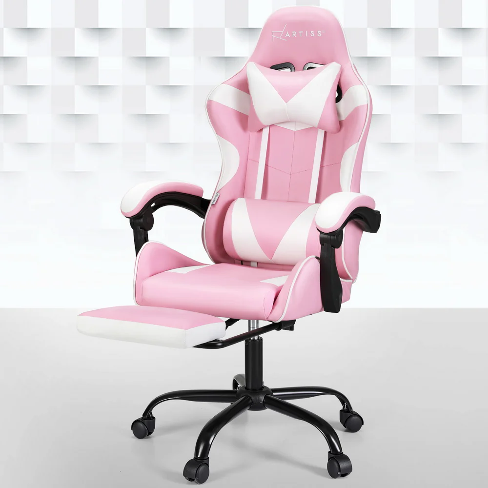 Artiss 2 Point Massage Gaming Office Chair Footrest Pink - Image 7