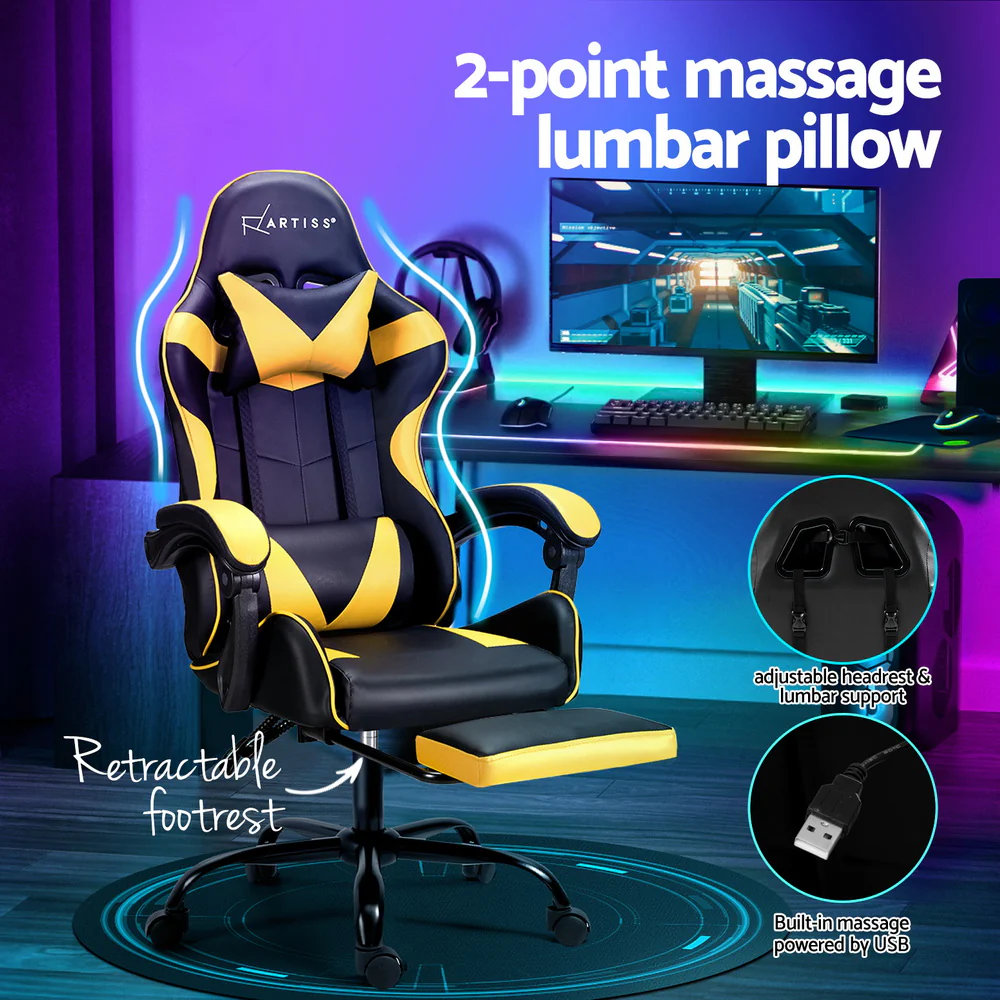 Artiss 2 Point Massage Gaming Office Chair Footrest Yellow - Image 4