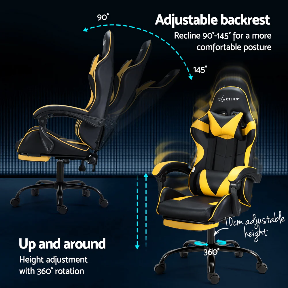 Artiss 2 Point Massage Gaming Office Chair Footrest Yellow - Image 5