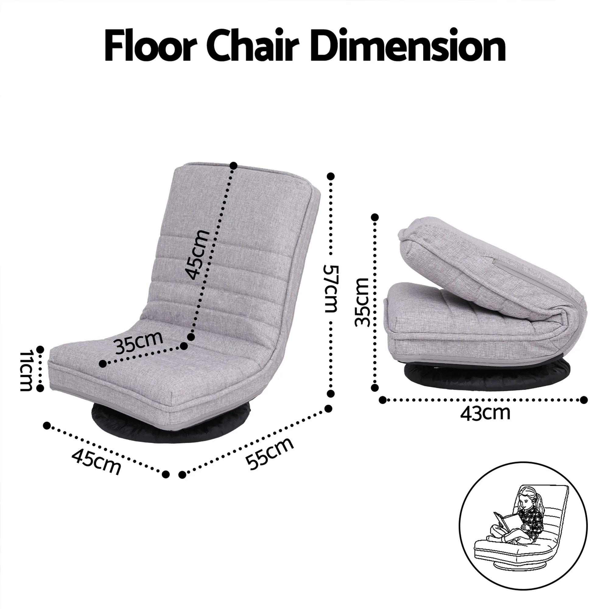 Artiss 2 Swivel Floor Chair 360 Adjustable Foldable Lounge Seat Floor Sofa Chair Grey - Image 3