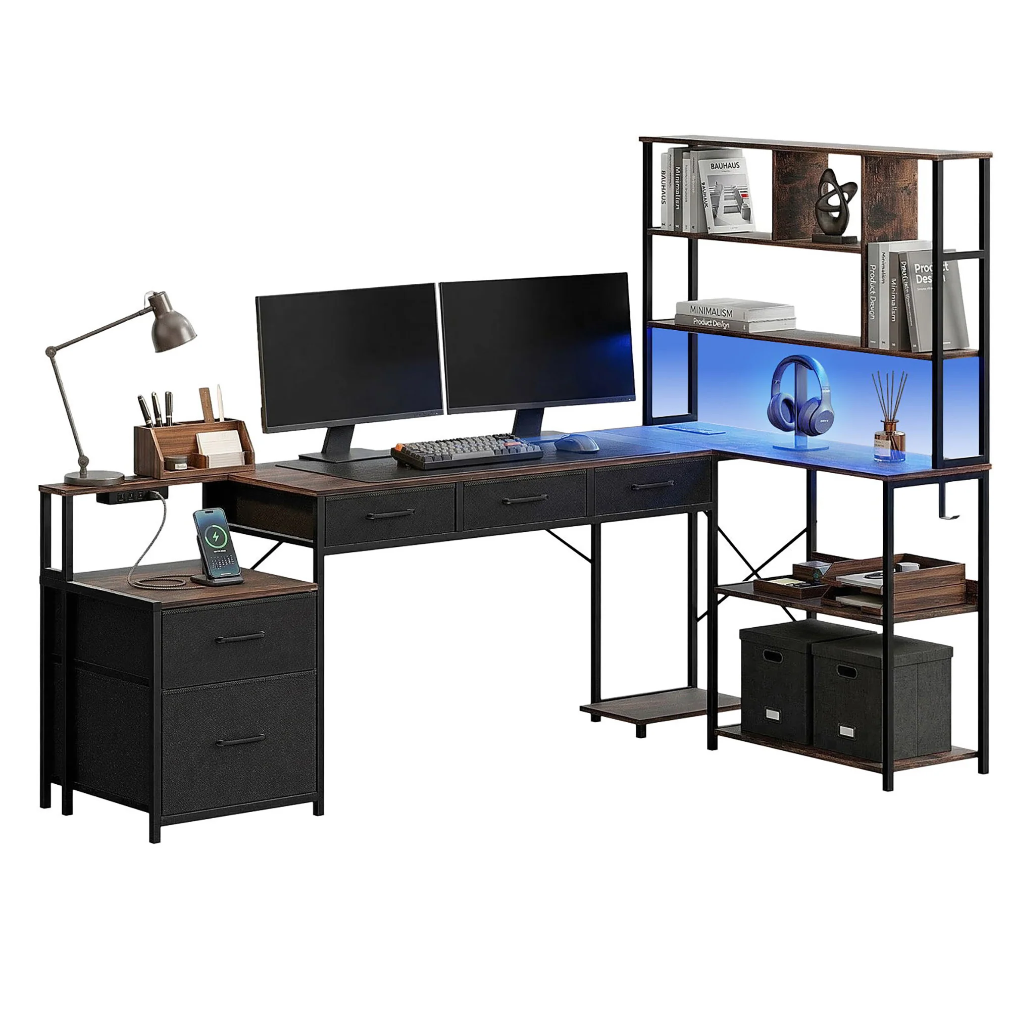 Artiss 200cm L Shaped Gaming Desk Computer Desk with LED Lights & Power Outlets - Image 2