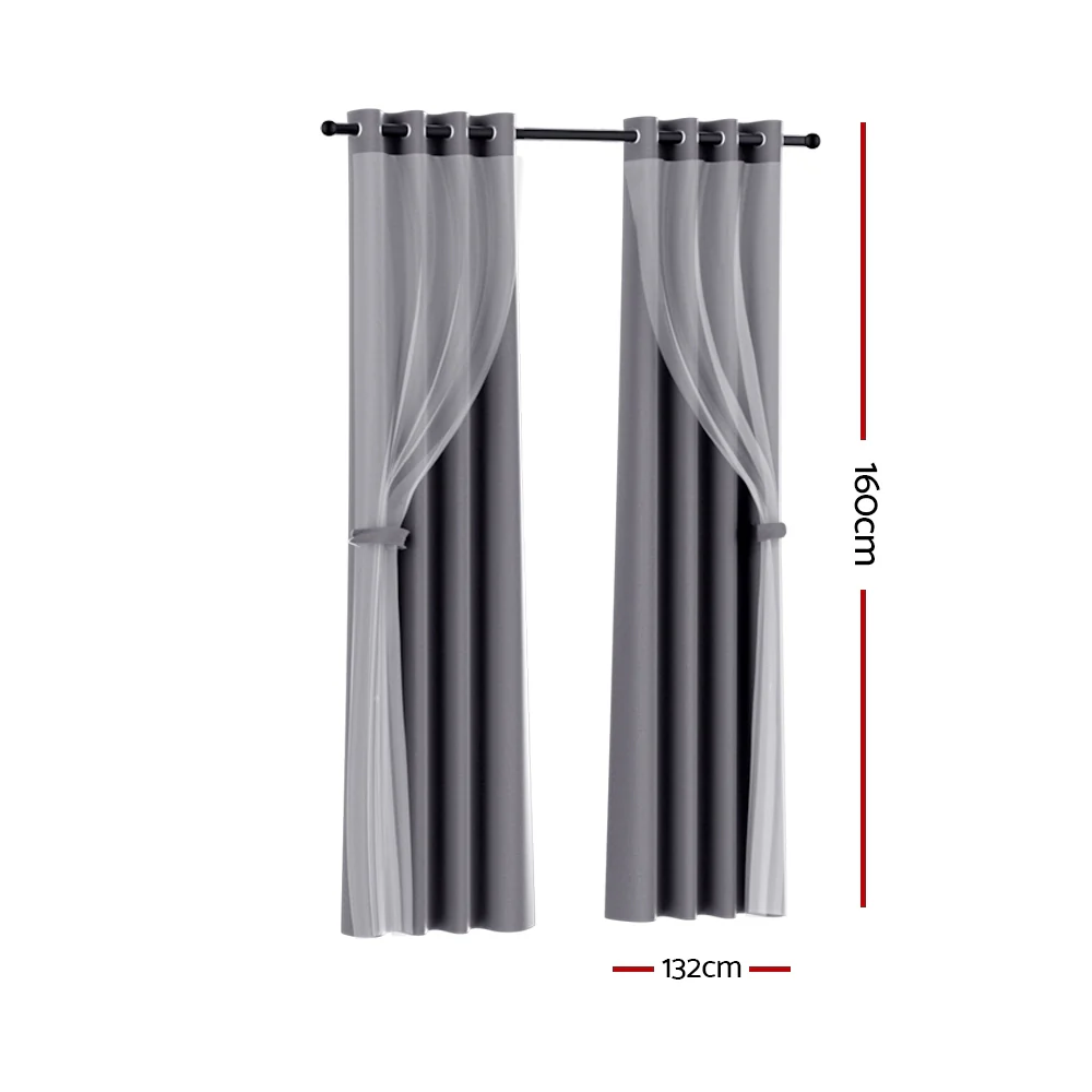 Artiss 2X 132x160cm Blockout Sheer Curtains Charcoal - Image 2