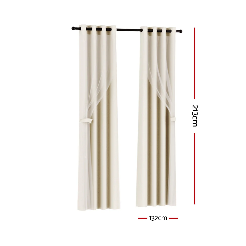 Artiss 2X 132x213cm Blockout Sheer Curtains Beige - Image 2