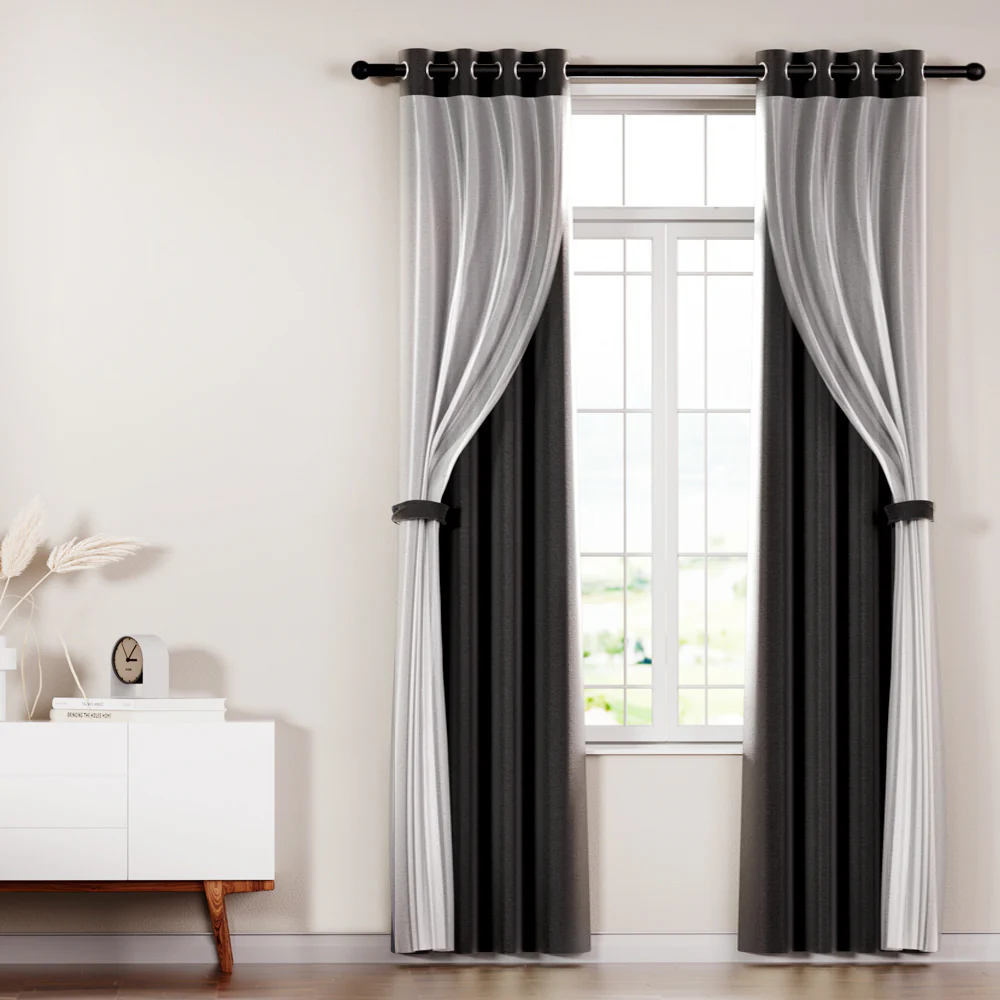 Artiss 2X 132x213cm Blockout Sheer Curtains Black - Image 7