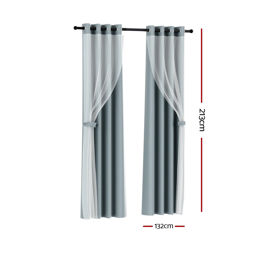 Artiss 2X 132x213cm Blockout Sheer Curtains Light Grey - Image 2