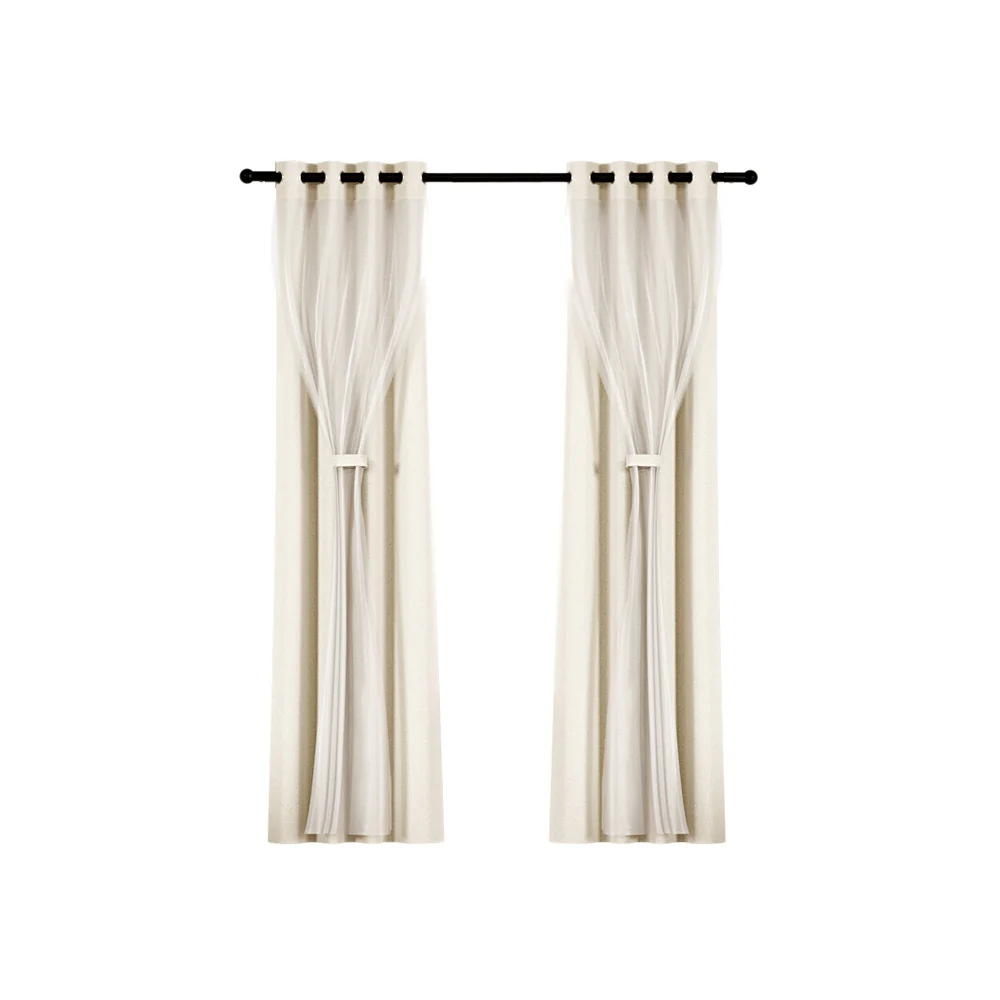 Artiss 2X 132x242cm Blockout Sheer Curtains Beige - Image 3