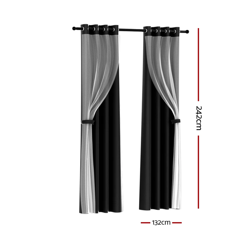 Artiss 2X 132x242cm Blockout Sheer Curtains Black - Image 2