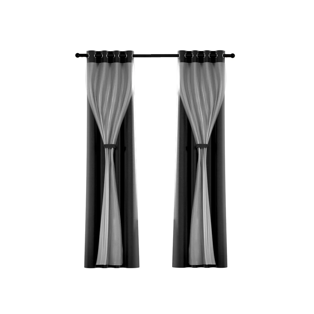 Artiss 2X 132x242cm Blockout Sheer Curtains Black - Image 3