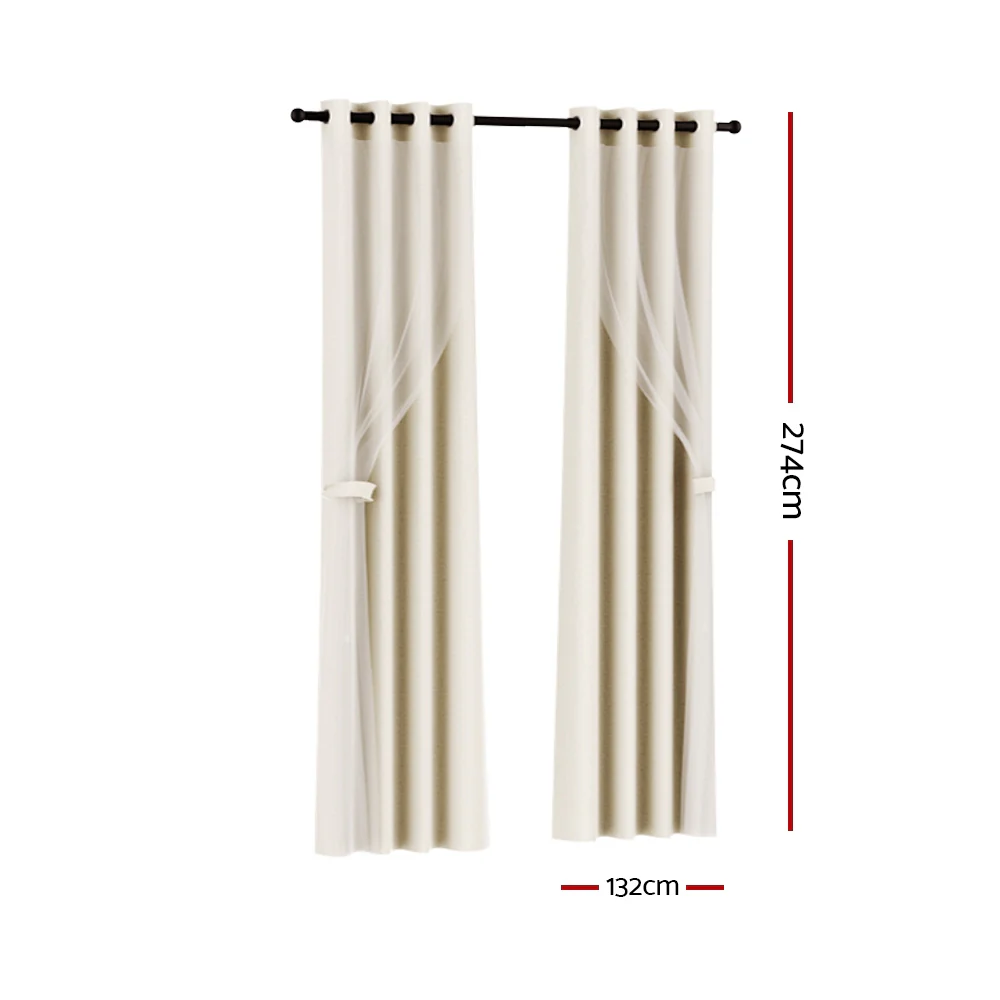 Artiss 2X 132x274cm Blockout Sheer Curtains Beige - Image 2
