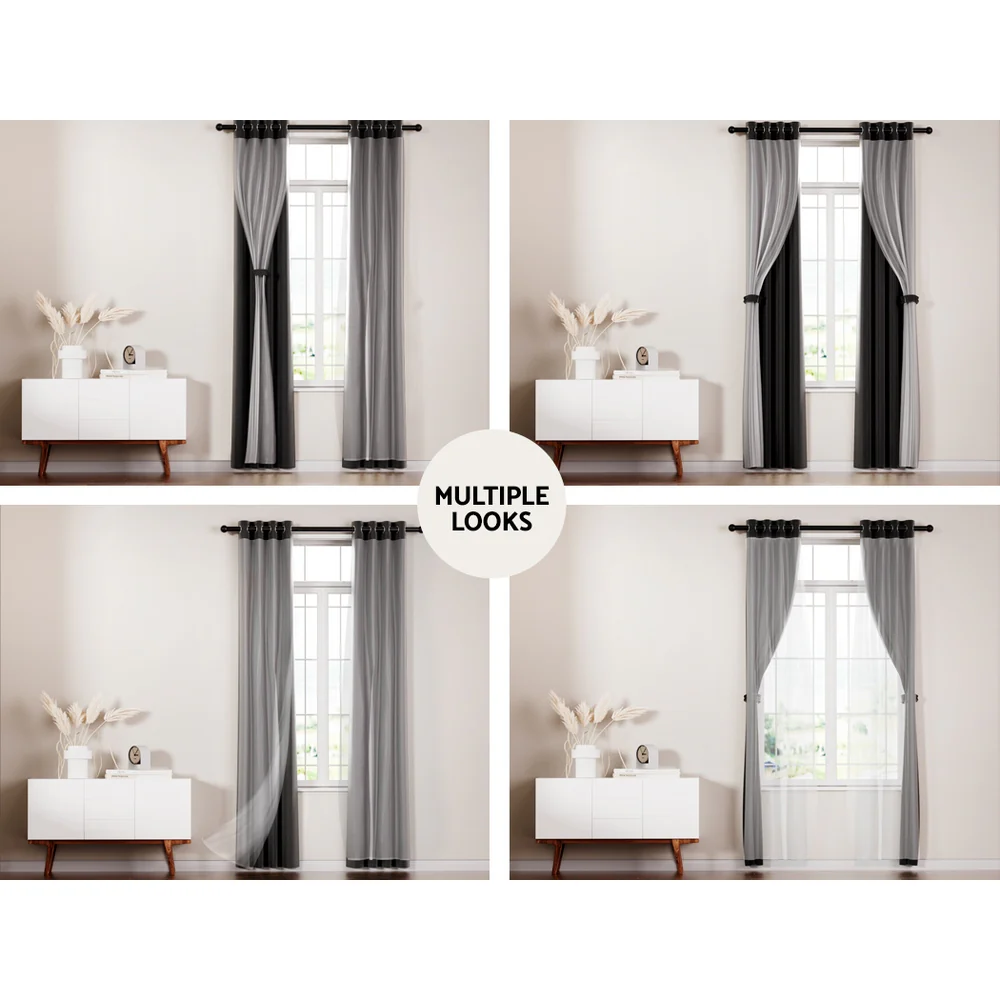 Artiss 2X 132x274cm Blockout Sheer Curtains Black - Image 4