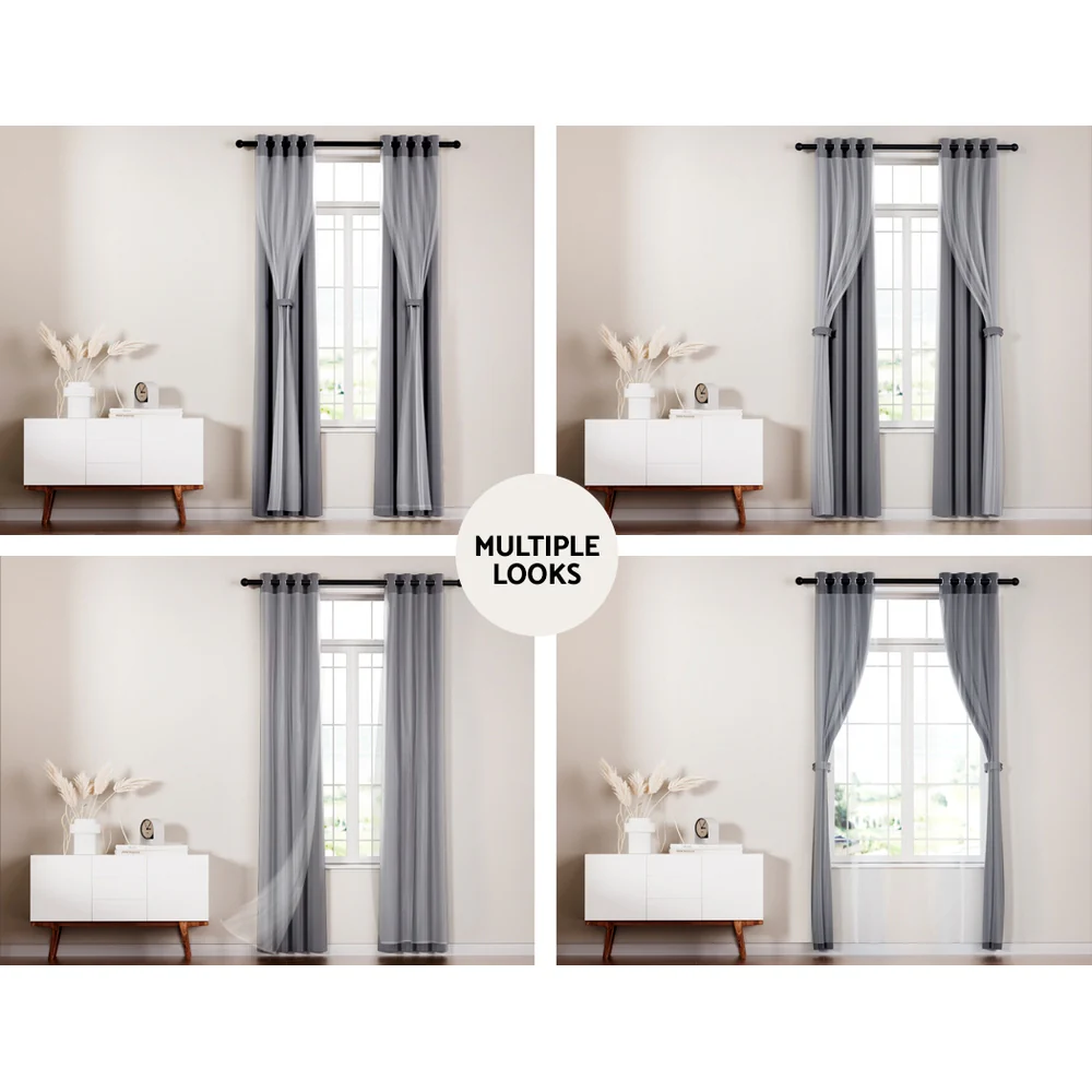 Artiss 2X 132x274cm Blockout Sheer Curtains Charcoal - Image 4