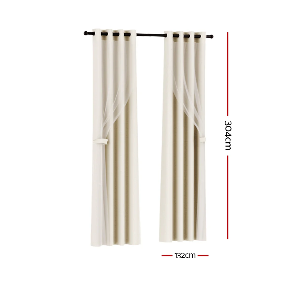 Artiss 2X 132x304cm Blockout Sheer Curtains Beige - Image 2