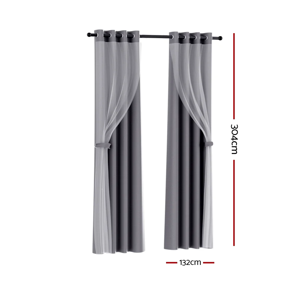 Artiss 2X 132x304cm Blockout Sheer Curtains Charcoal - Image 2