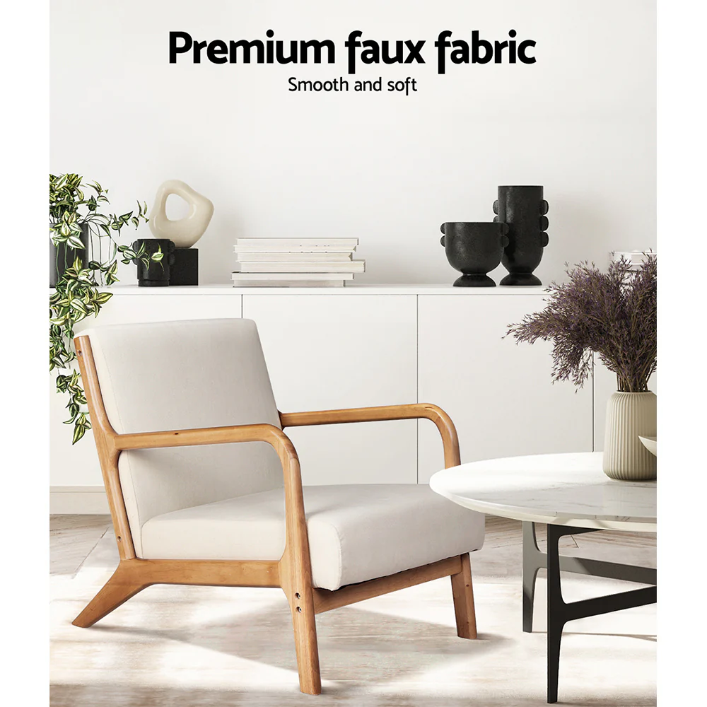 Artiss 2X Armchair Lounge Chair Accent Armchairs Couch Sofa Bedroom Beige Wood - Image 5