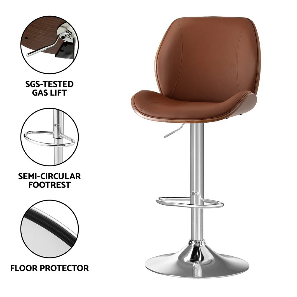 Artiss 2X Bar Stools Bentwood Adjustable Kitchen Counter Chair Leather Brown - Image 6