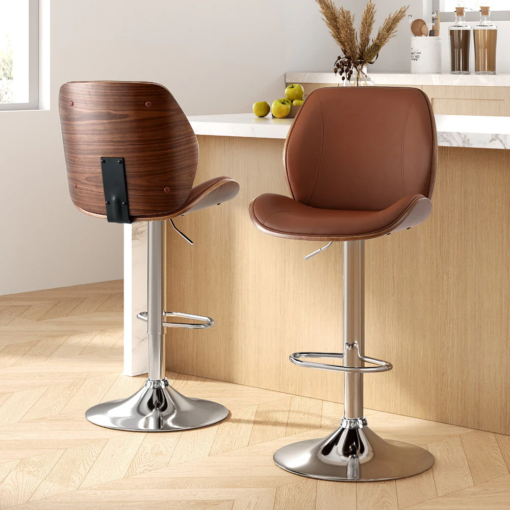 Artiss 2X Bar Stools Bentwood Adjustable Kitchen Counter Chair Leather Brown - Image 7