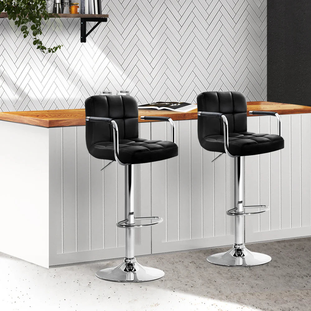 Artiss 2x Bar Stools Leather Gas Lift w/Armrest Black - Image 8