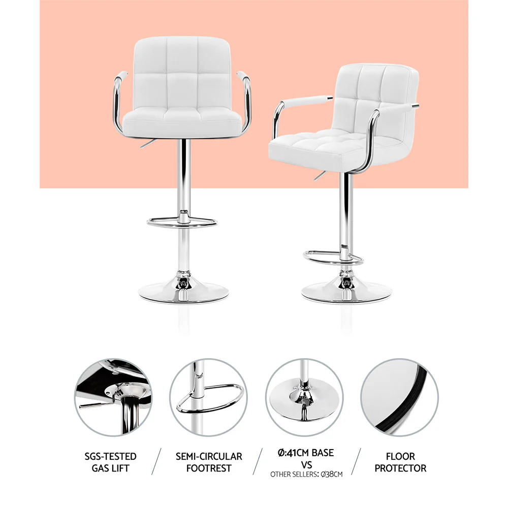 Artiss 2x Bar Stools Leather Gas Lift w/Armrest White - Image 5