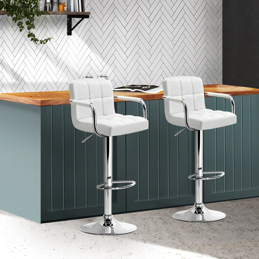 Artiss 2x Bar Stools Leather Gas Lift w/Armrest White - Image 8