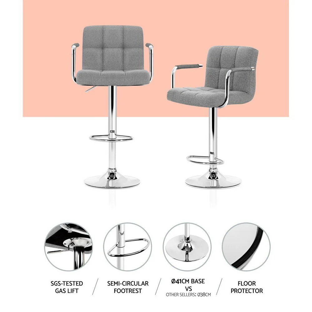 Artiss 2x Bar Stools Fabric Gas Lift w/Armrest Grey - Image 5