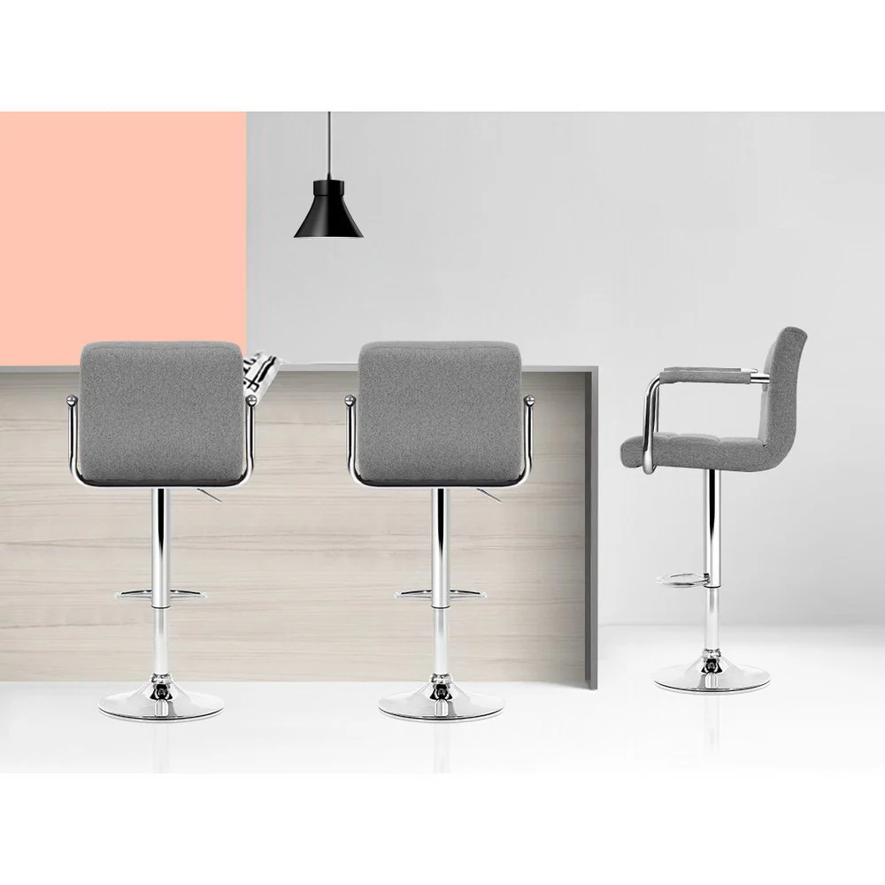 Artiss 2x Bar Stools Fabric Gas Lift w/Armrest Grey - Image 6