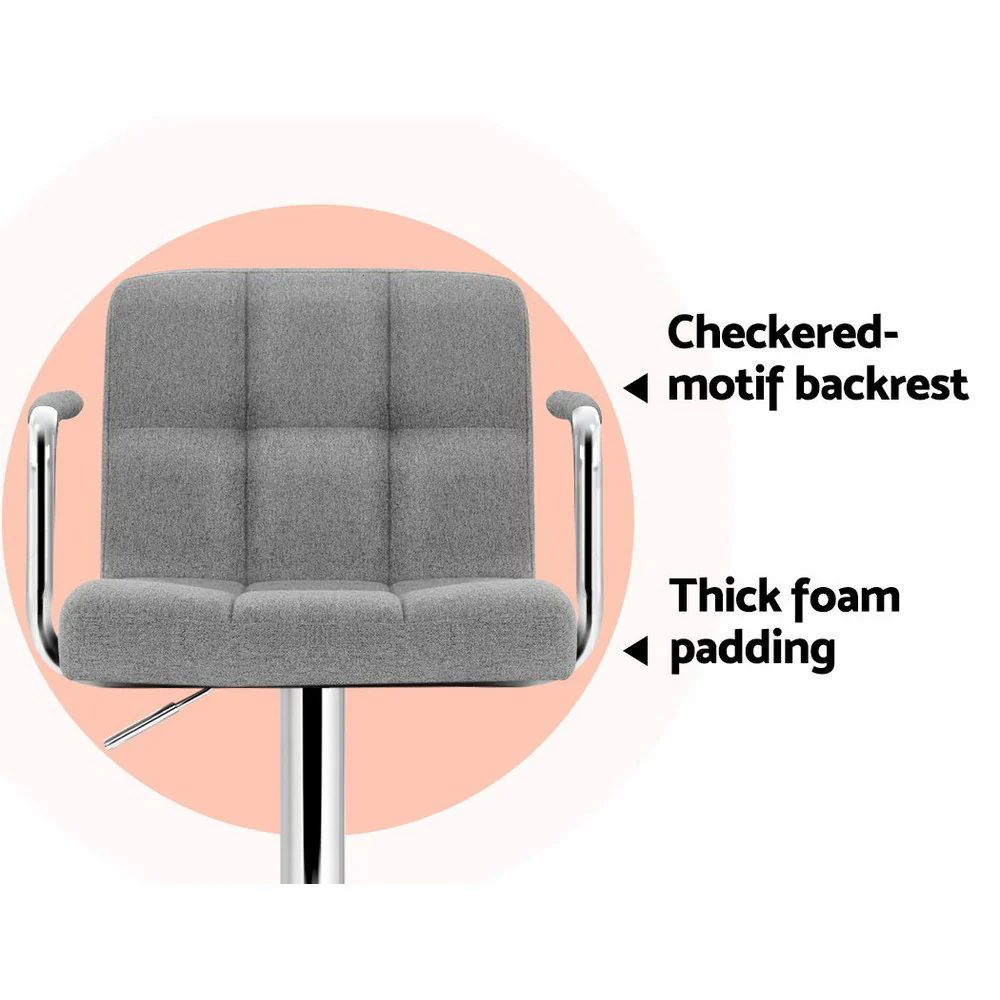 Artiss 2x Bar Stools Fabric Gas Lift w/Armrest Grey - Image 7