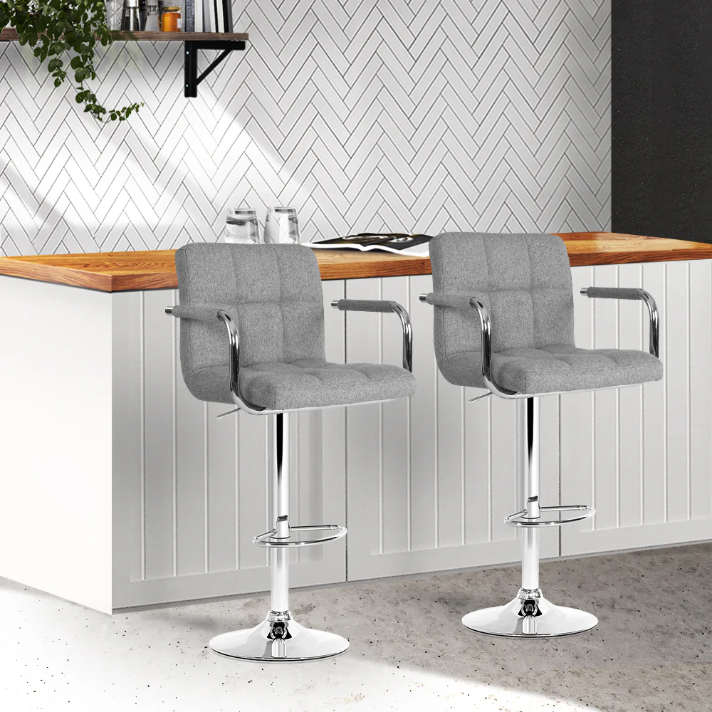 Artiss 2x Bar Stools Fabric Gas Lift w/Armrest Grey - Image 8