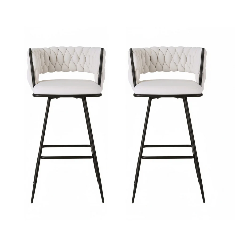 Artiss 2x Bar Stools Kitchen Dining Chair Counter Stool Woven Velvet Metal Ivory - Image 3